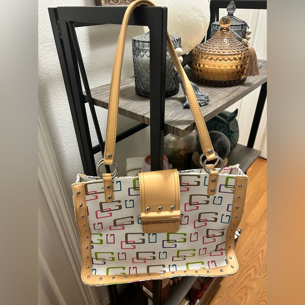 Vintage Y2K White Tan Guess Multi Color Rainbow Tote Shoulder Bag Purse & Wallet